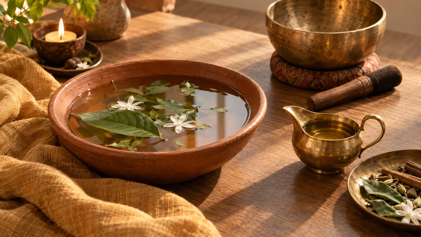 Terracotta bowl of botanical water beside a brass oil vessel and singing bowl in warm light.