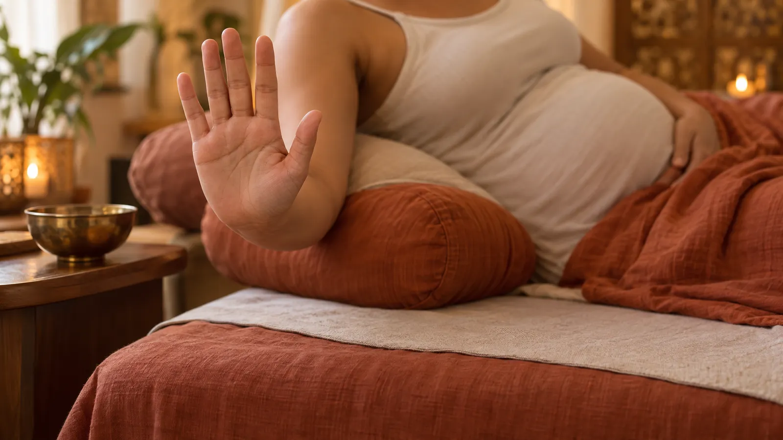 A pregnant person resting on their side raises an open palm to signal a pause in a massage.