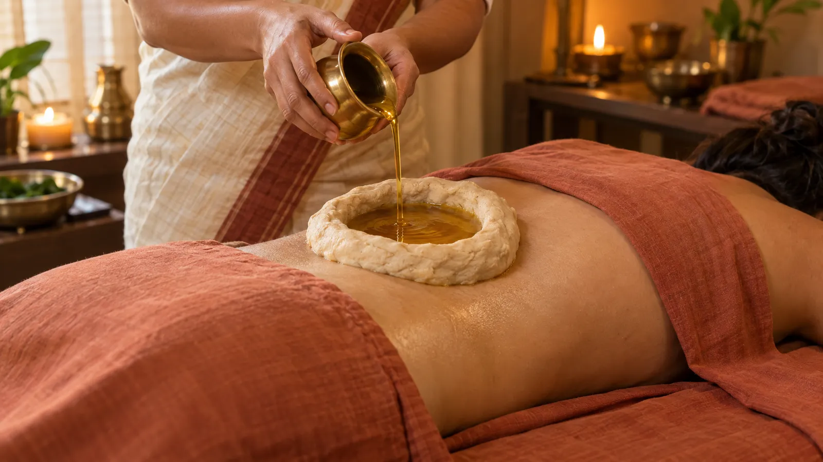 A therapist pours herbal oil into a dough well on a person’s lower back during Kati Vasti.