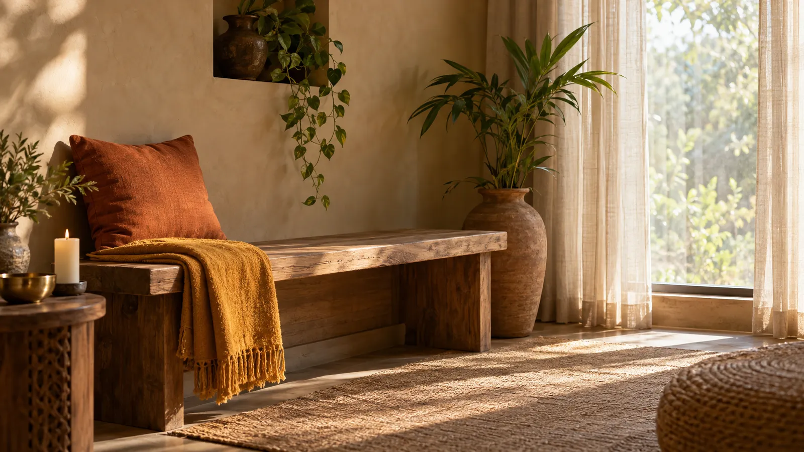 An empty wooden bench with a saffron throw sits beside a softly lit window in a quiet nook.