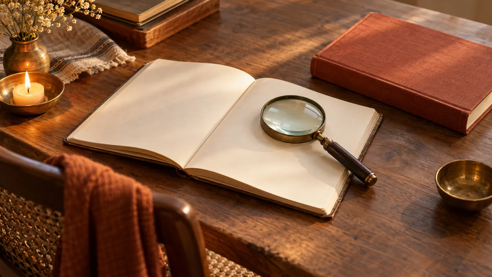A magnifying glass rests on blank papers beside a terracotta-colored book and brass bowl on a warmly lit wooden table.