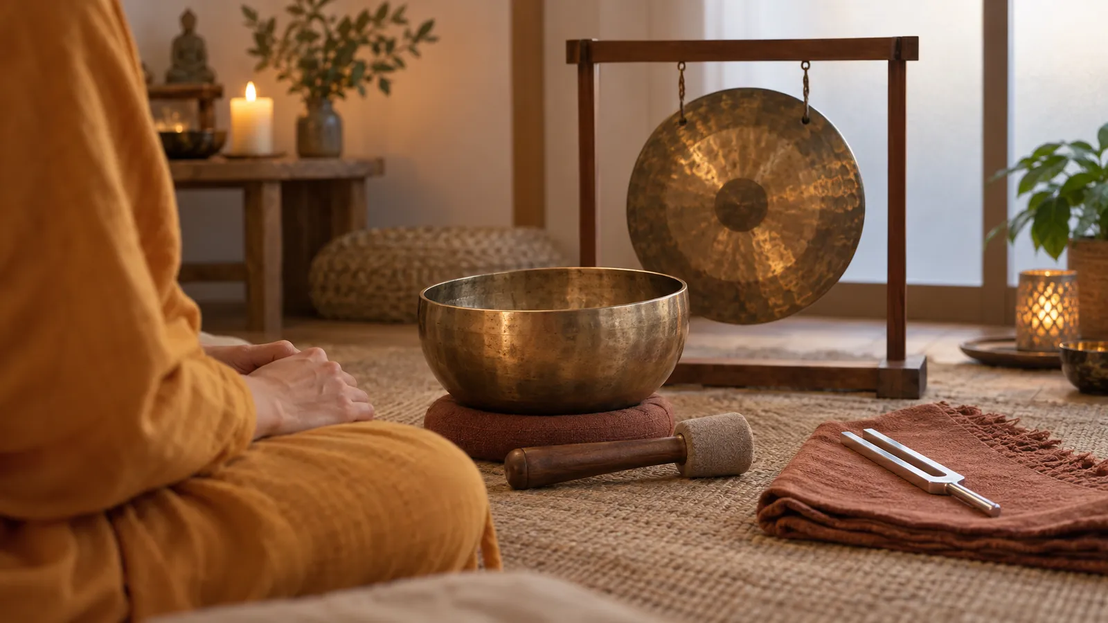 A brass singing bowl, bronze gong and tuning fork arranged in a warmly lit meditation setting.