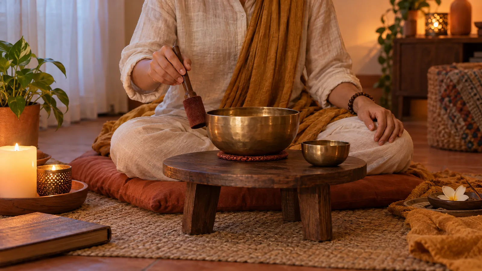 Hands holding a mallet beside brass singing bowls during a quiet evening practice at home.