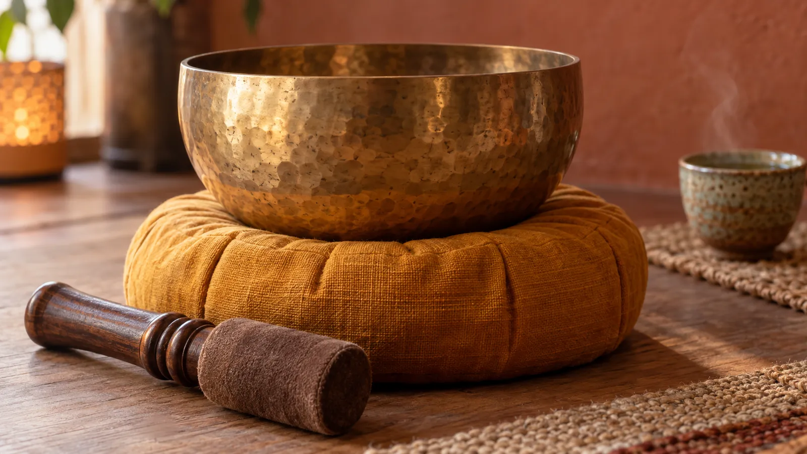 A brass singing bowl and wooden mallet rest on a saffron cushion, with steaming herbal tea softly blurred behind them.