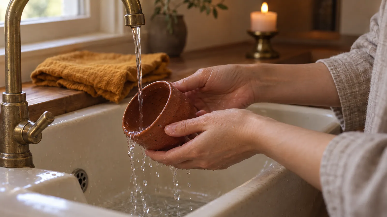 Hands gently rinse an empty terracotta cup to close a home tea ceremony.