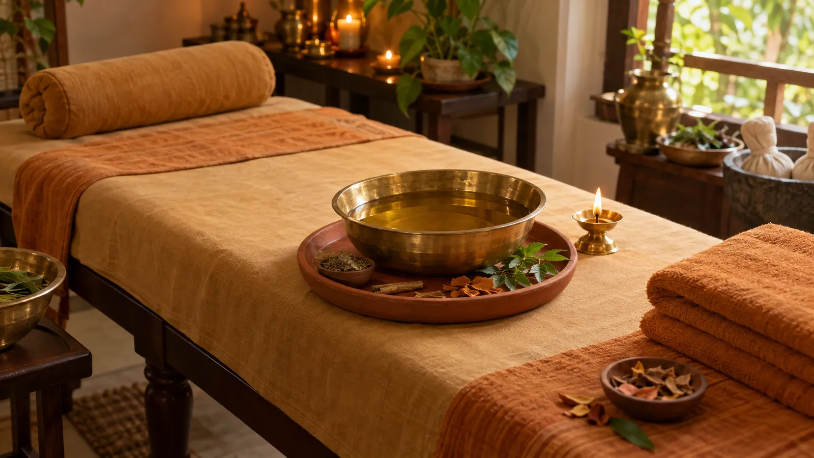 A brass bowl of warm herbal oil beside a linen-draped massage table set for Abhyanga.