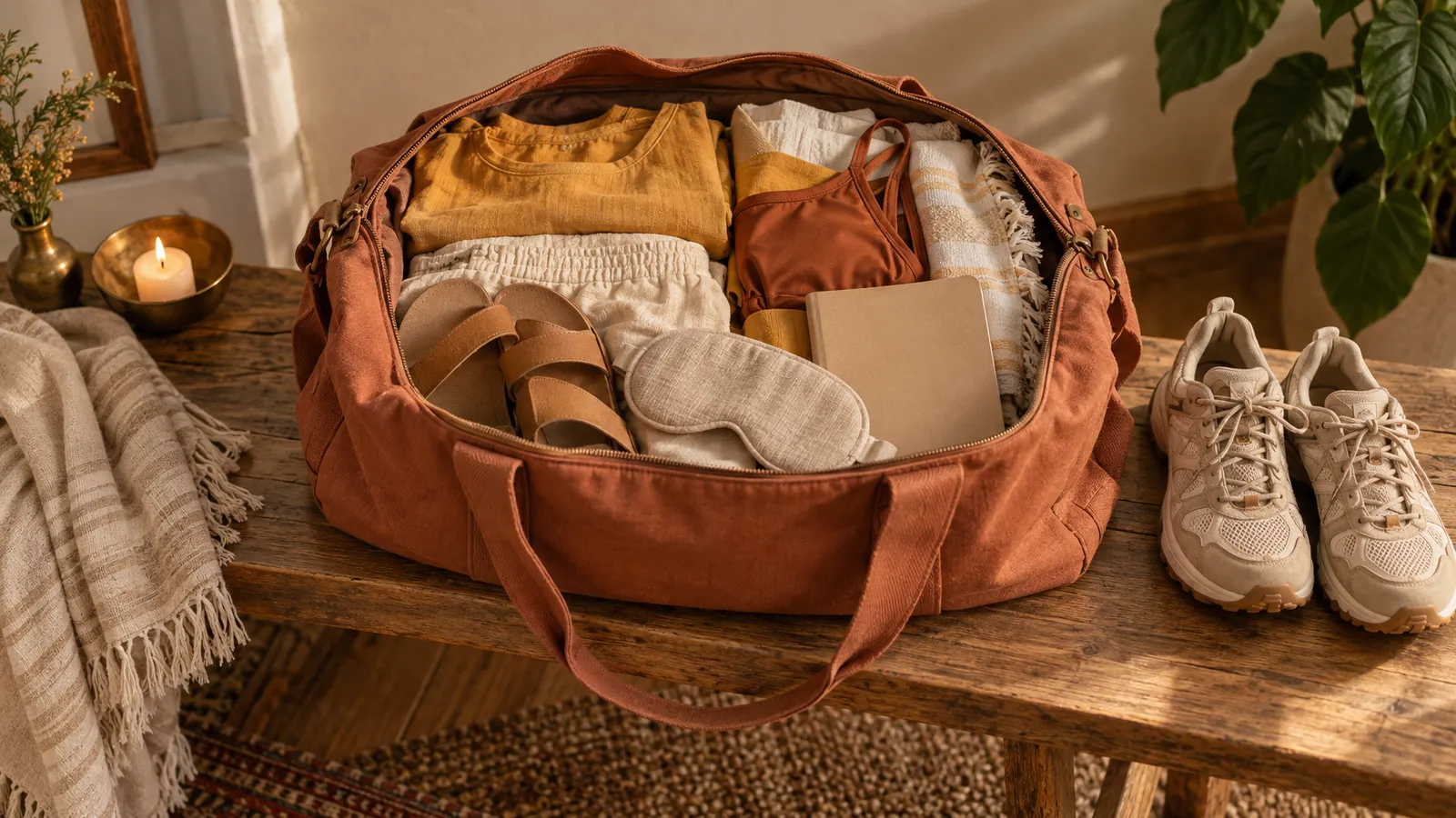 An overnight bag with comfortable clothing, swimwear, sandals, a sleep mask and a notebook sits beside trail shoes.