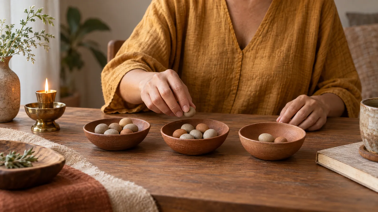 Hands sort clay pebbles among three ceramic dishes in a visual metaphor for reflecting on Ayurvedic dosha descriptions.