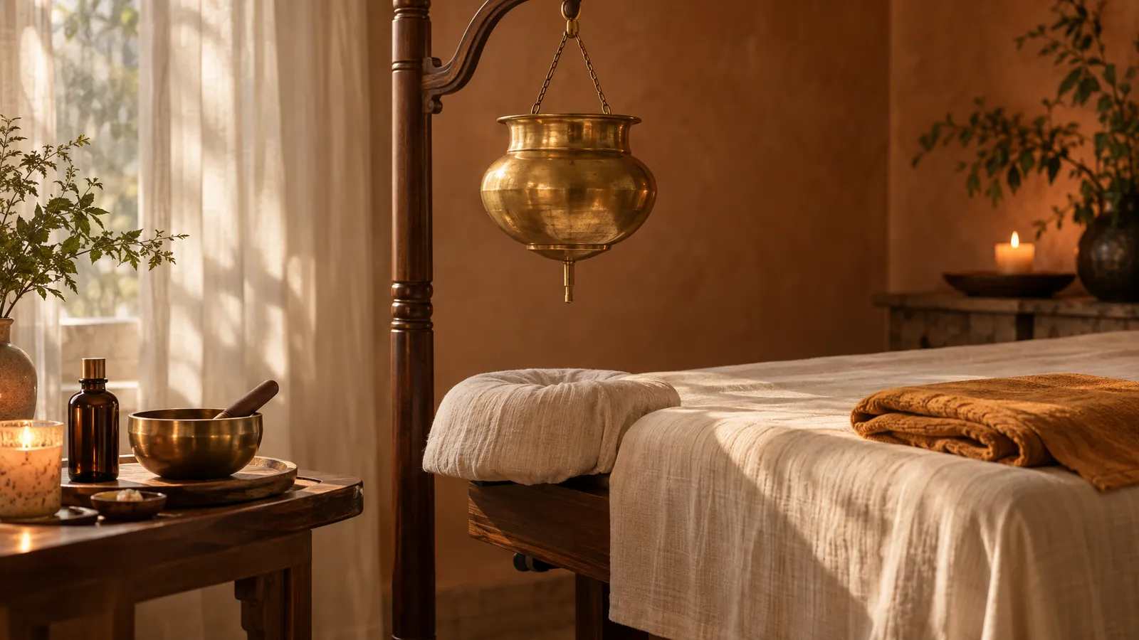 A brass Shirodhara vessel hangs above an empty treatment table beside warm linens, an oil bottle, and a singing bowl.