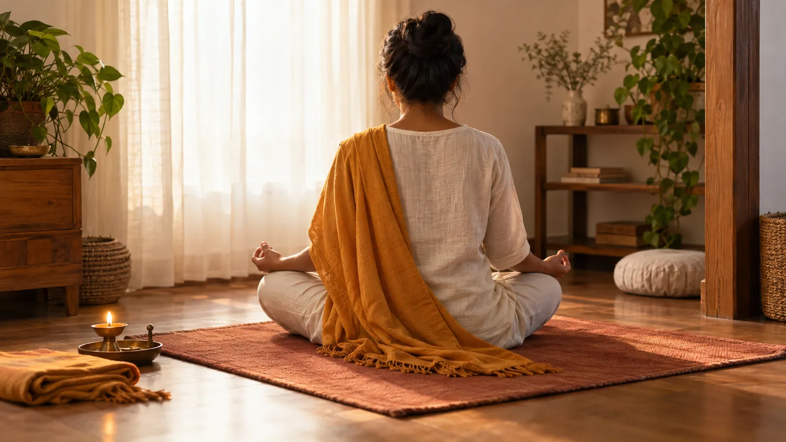 A person meditates on a terracotta mat in soft morning light at home.