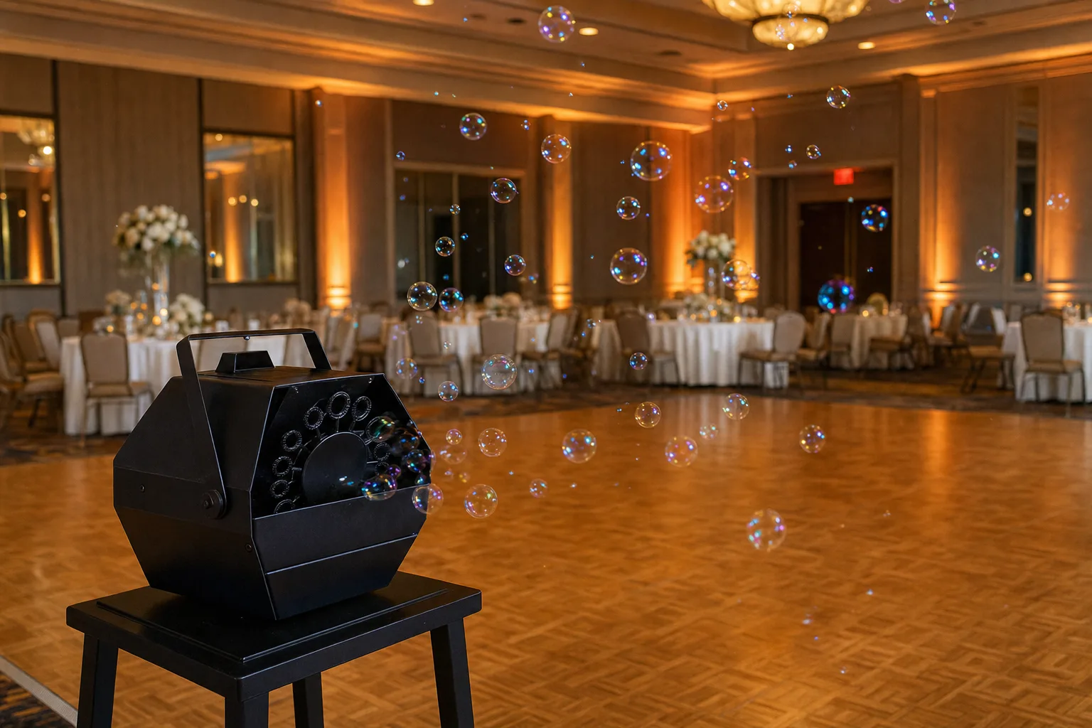 A compact bubble machine on a low stand at the edge of an empty ballroom floor, with bubbles drifting across the room