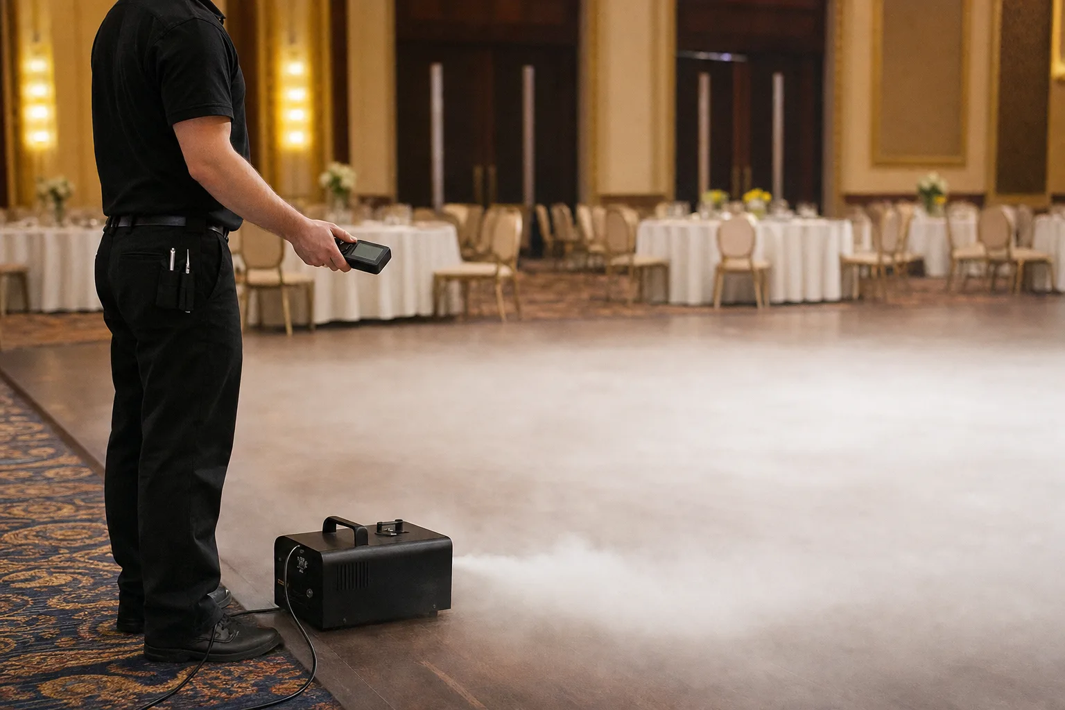 An event technician checking a handheld air monitor beside a low fog machine at the edge of an empty ballroom floor