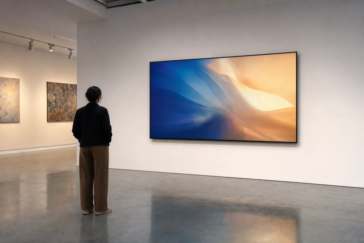 示意场景:安静的画廊空间中,一块大型壁挂屏幕正在展示抽象数字艺术作品