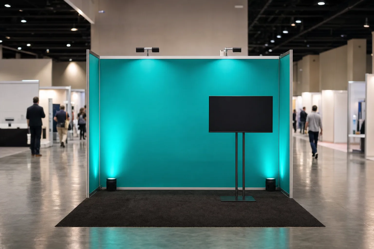 Illustration: an exhibition booth with its back wall washed in a single brand color and small uplights at the corners, in a convention hall aisle