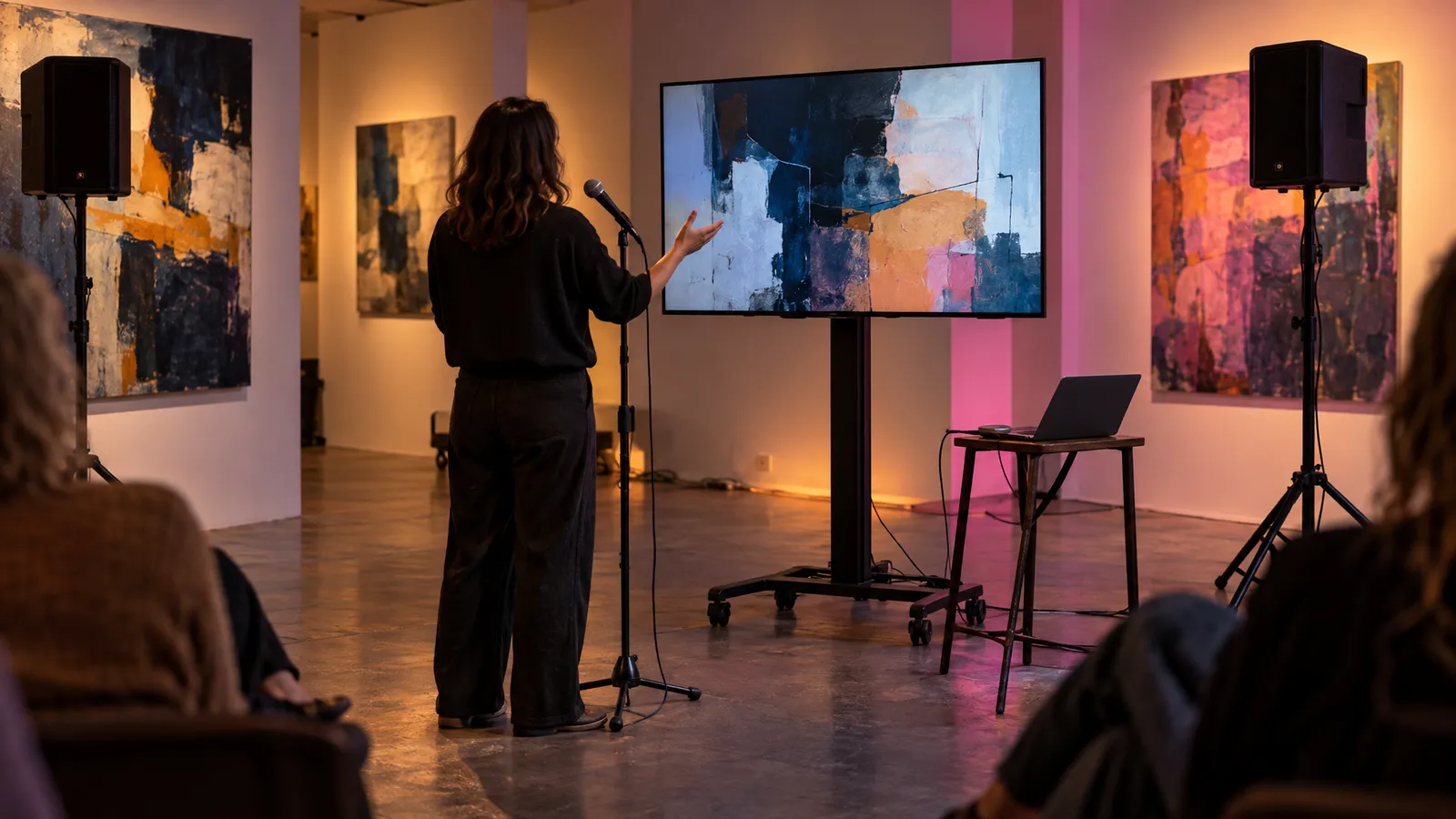 An artist speaks at a microphone beside a screen on an adjustable floor stand, with speakers positioned toward the gallery audience.