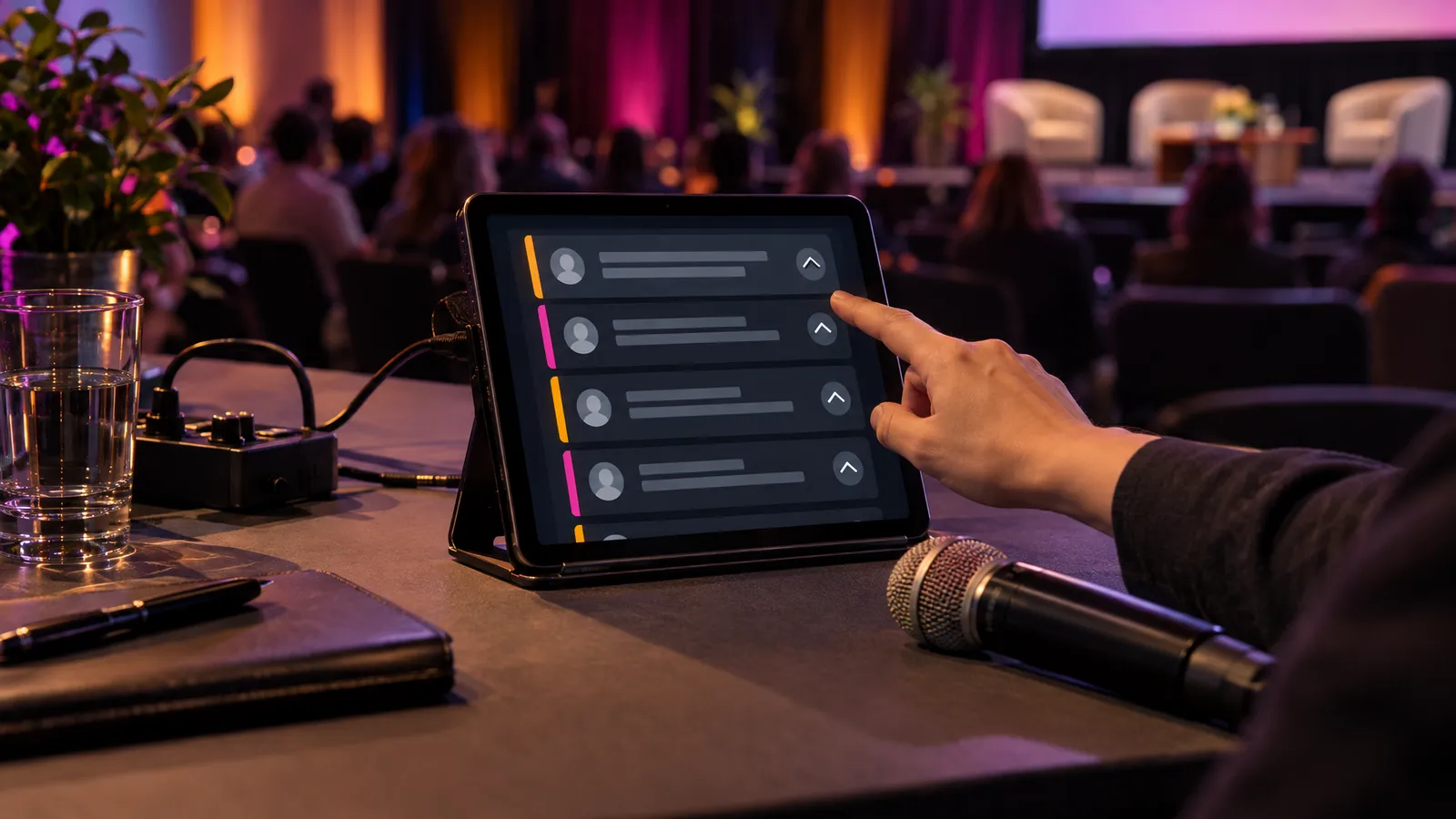 A moderator selects a question from a tablet queue beside a wireless microphone at a hybrid town hall.