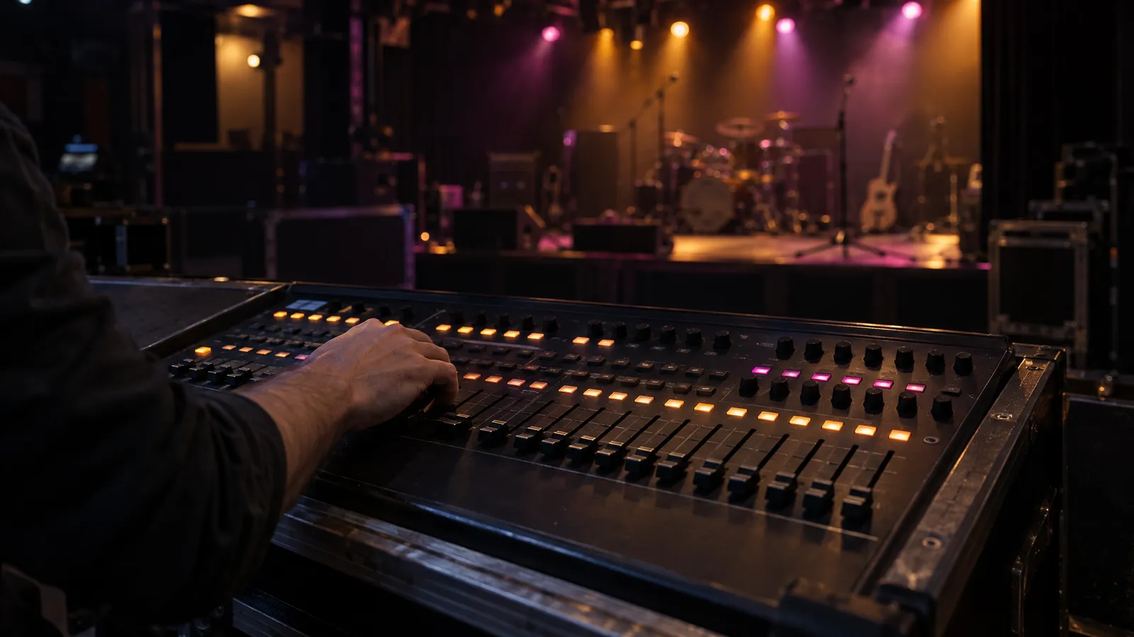 A lighting operator adjusts a control console in a dim live music venue.