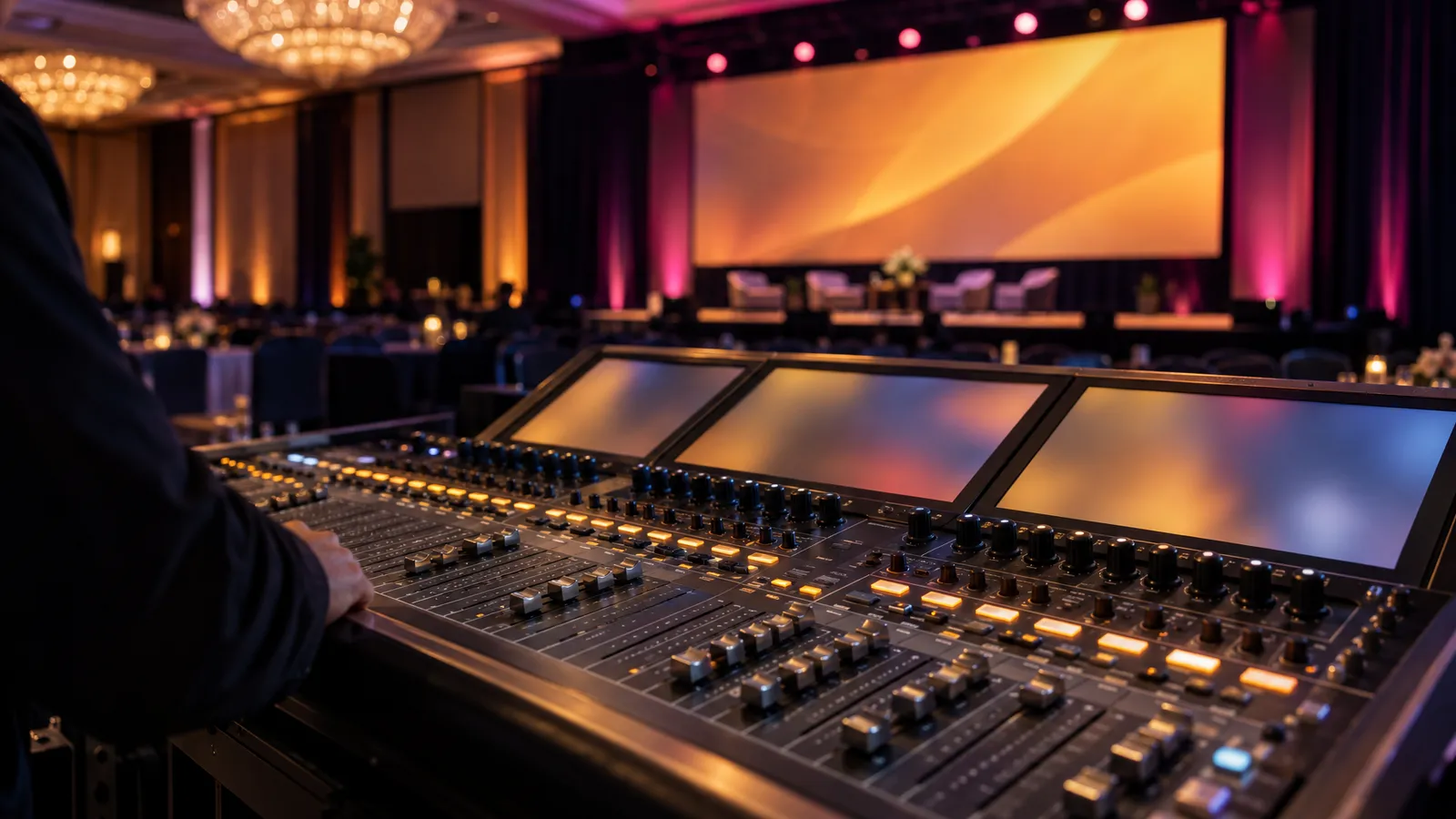 Close-up of an audio mixing console overlooking a conference stage with an LED wall and amber and magenta lighting.