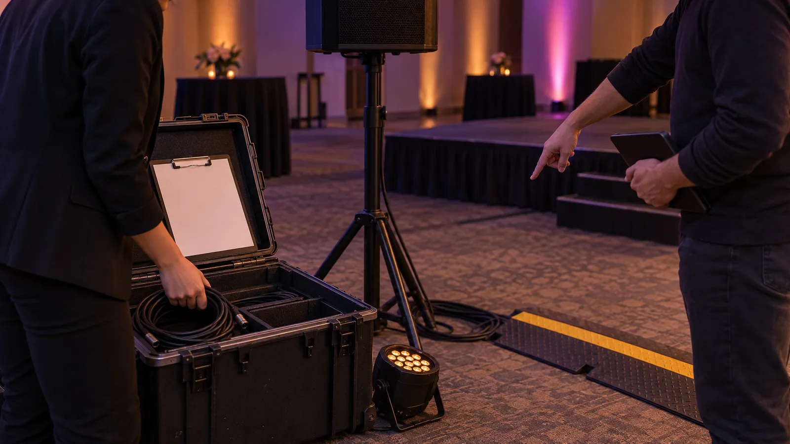 Event planners inspect AV equipment and cable routing to clarify setup needs before booking.
