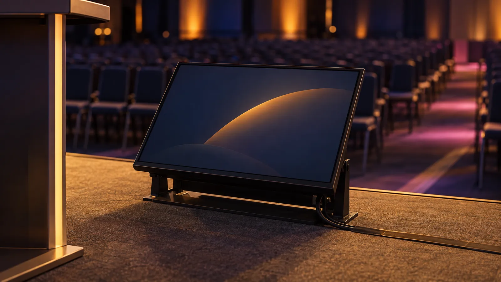 Close-up of a floor-mounted confidence monitor beside a lectern on a conference stage.