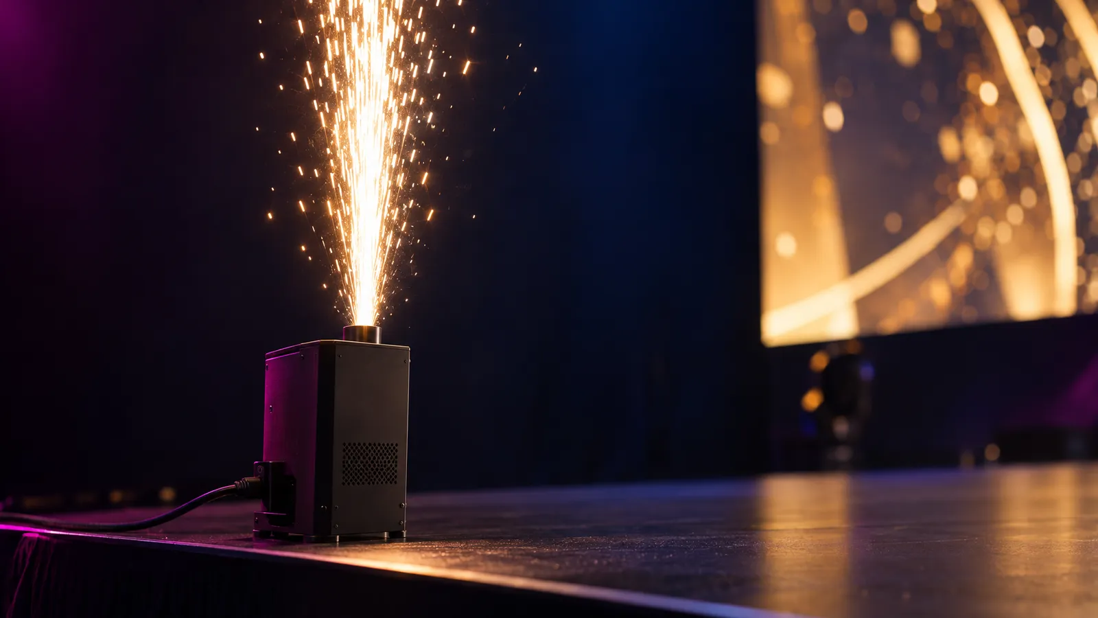 Close-up of a cold-spark machine releasing a restrained gold fountain beside a softly blurred LED reveal.