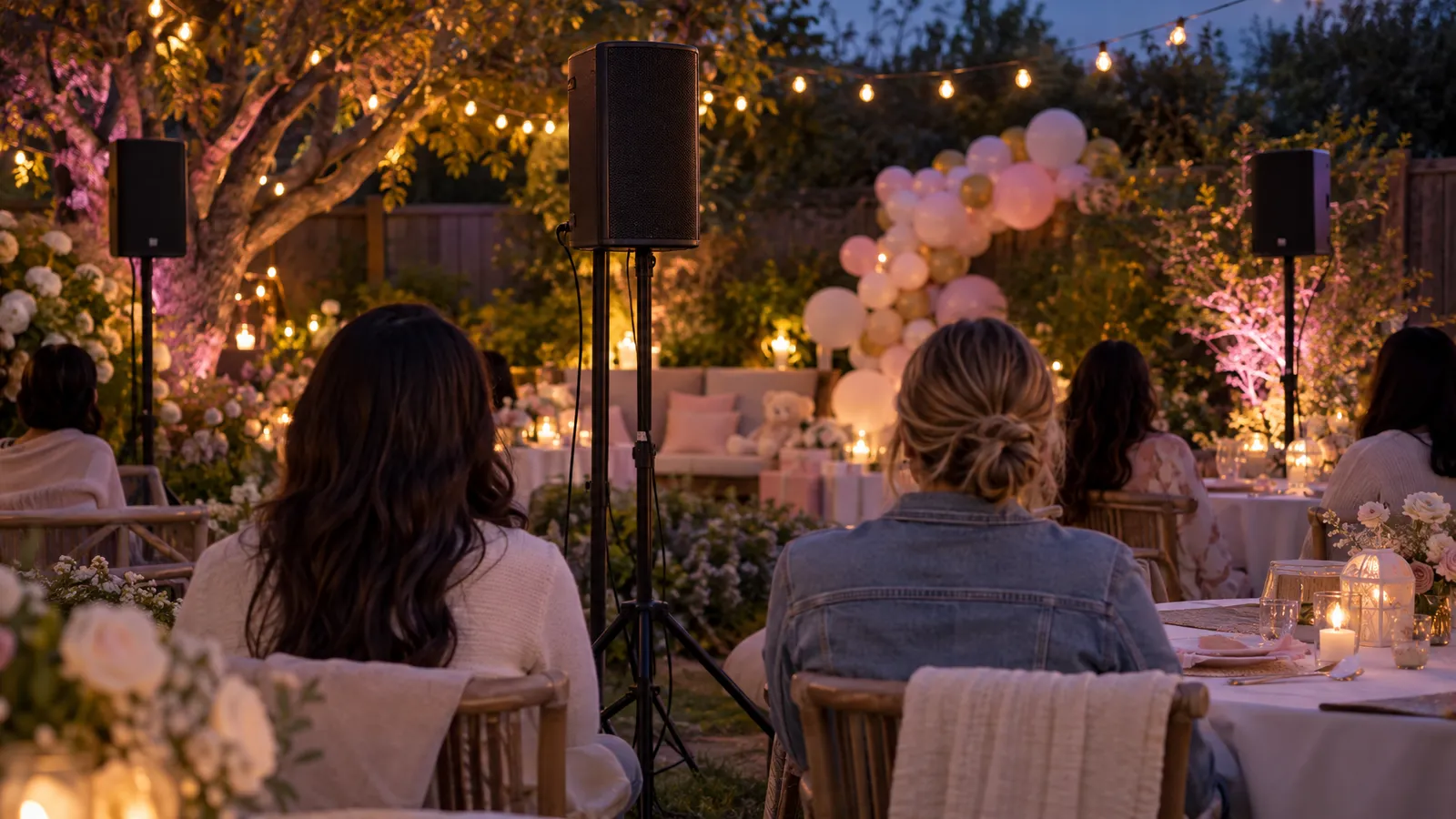 Compact speakers are spaced around a garden baby shower seating area where guests sit in conversation.
