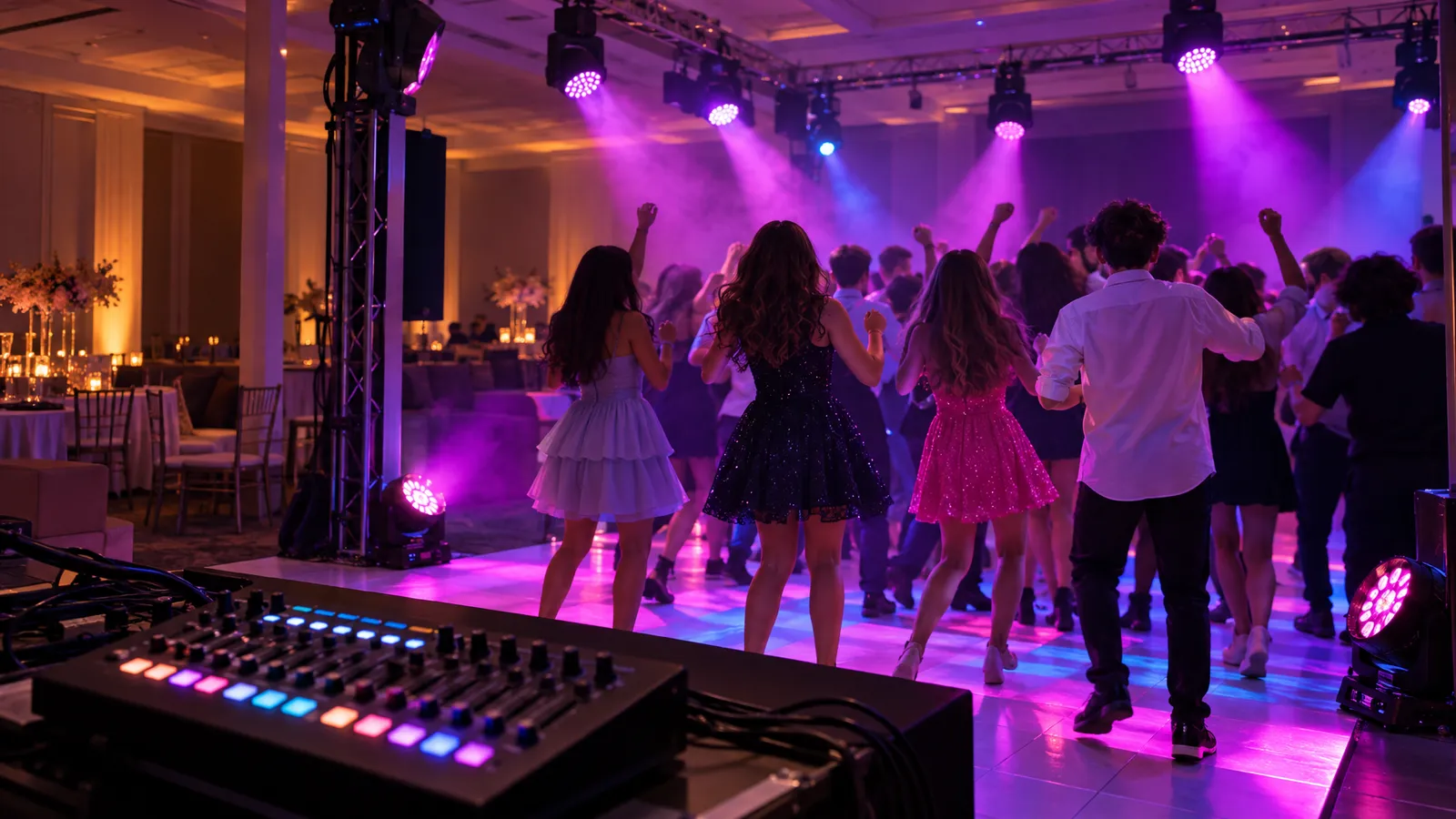 Moving-head lights and floor-mounted LED pars illuminate a Mitzvah dance floor in magenta and warm amber.