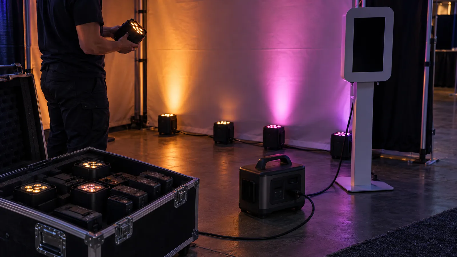 Battery-powered uplights, spare battery packs and a portable power station are tested at a temporary event booth.