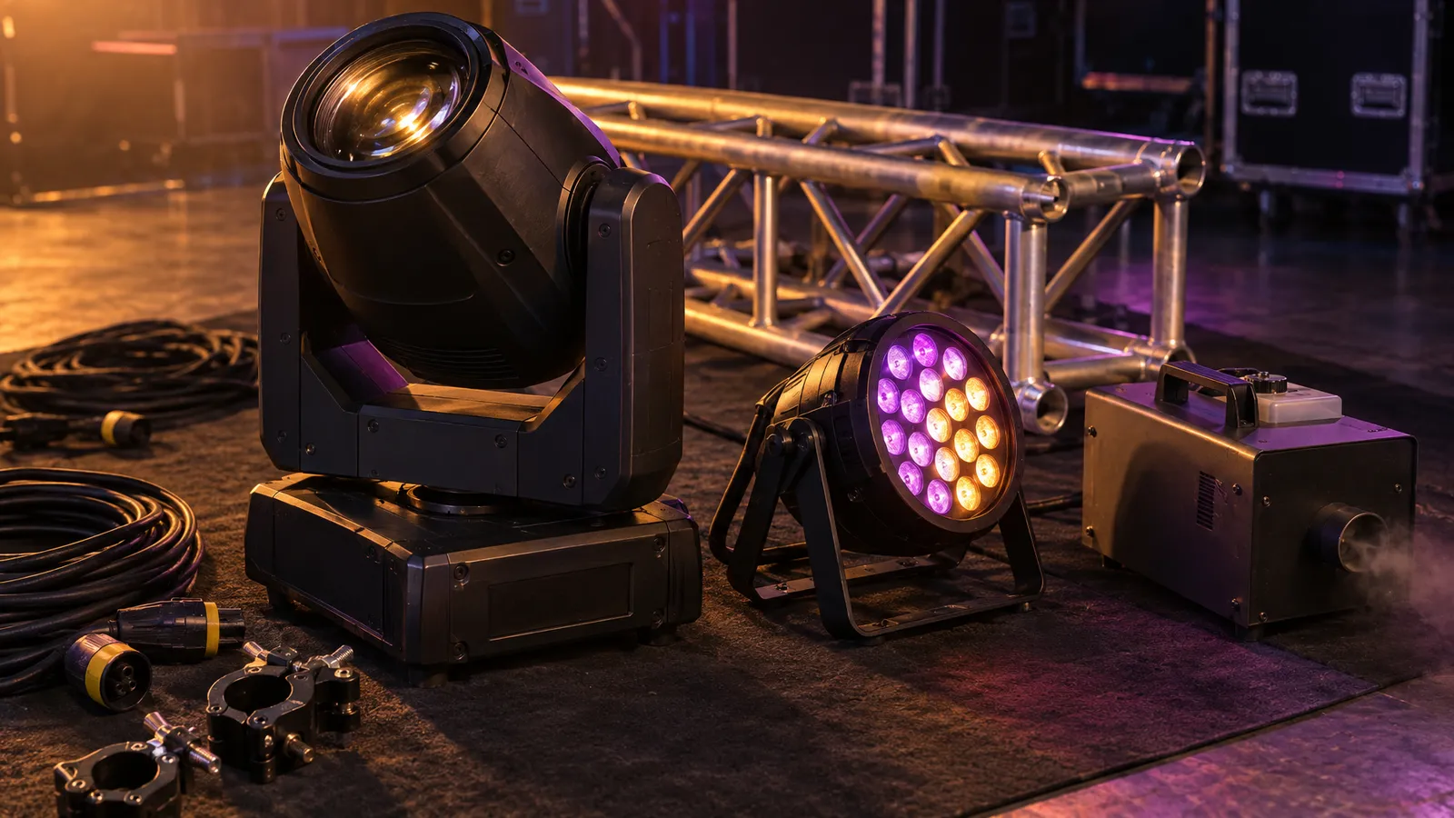 Rental moving-head light, LED PAR light and haze machine beside aluminum truss and coiled cables.