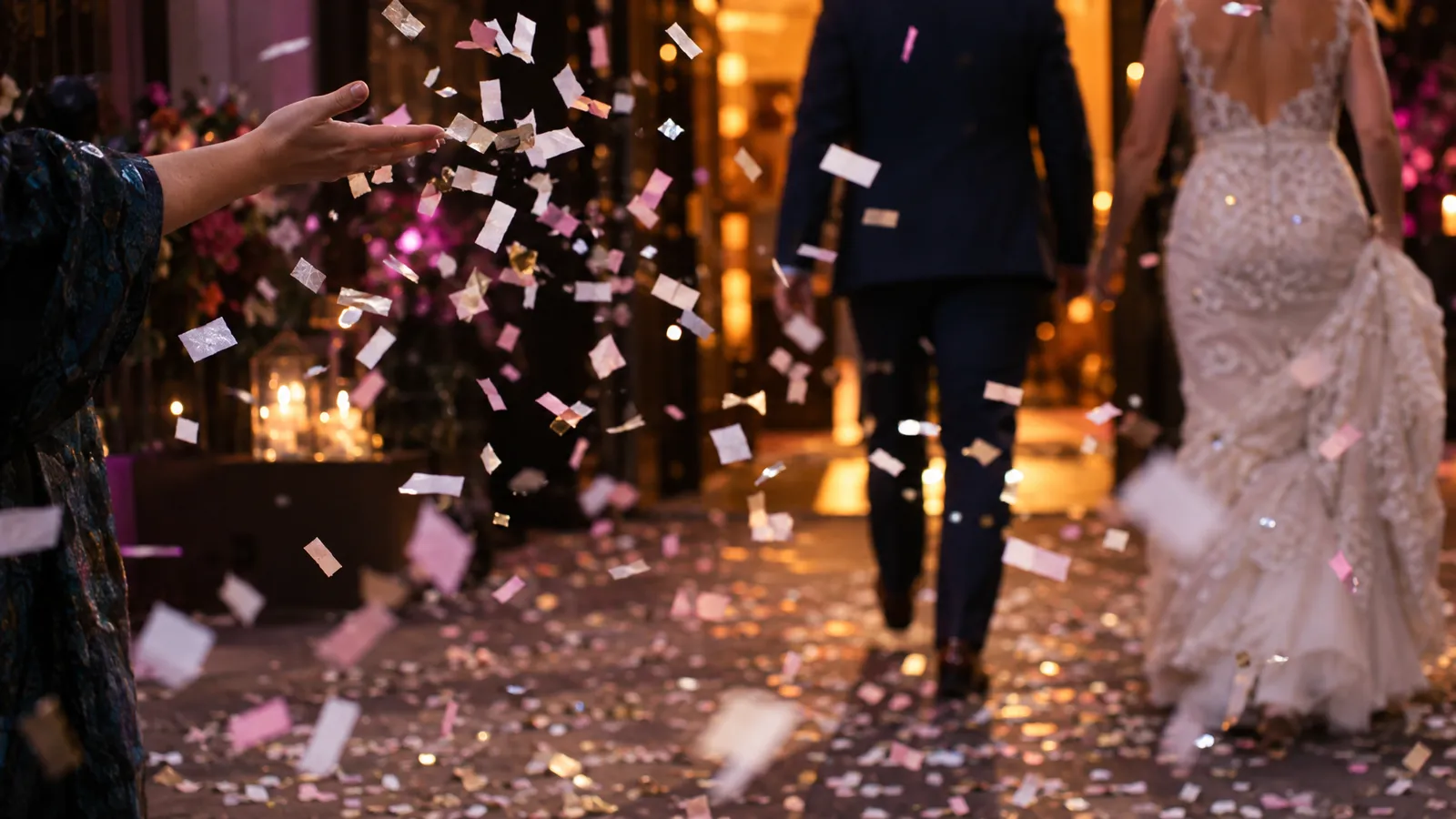 A guest tosses confetti beside an indoor exit aisle as a couple walks away in the background.