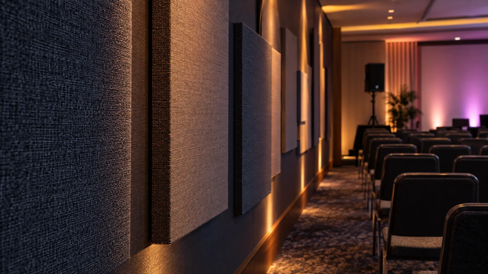 Fabric acoustic panels line the side wall of a meeting room with rows of chairs and a PA speaker.