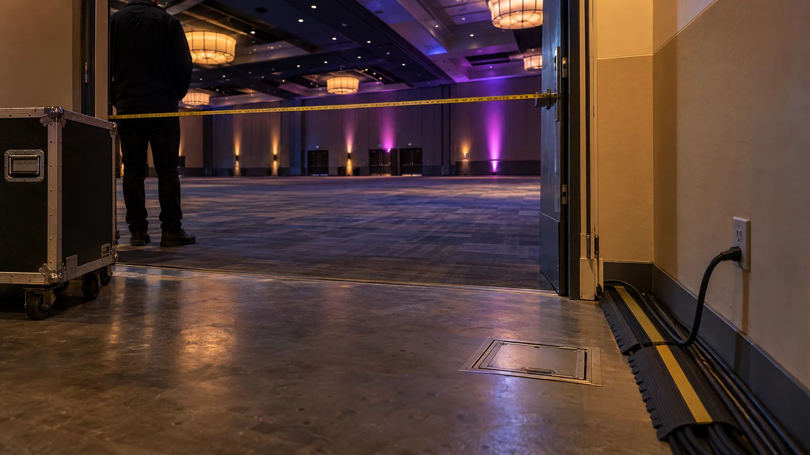 A venue walkthrough shows a measured load-in doorway, an AV road case, and cables routed along the ballroom wall.