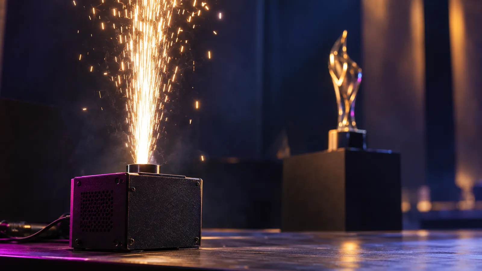Close-up of a cold-spark unit firing beside an awards stage, with a glass trophy softly blurred behind it.