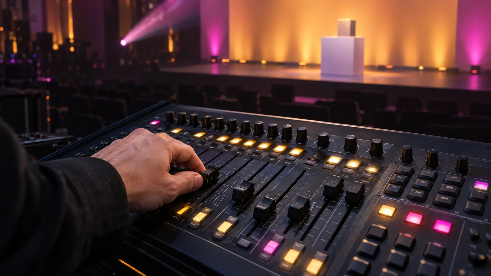 A technician adjusts a lighting console with amber and magenta stage lighting softly visible behind it.