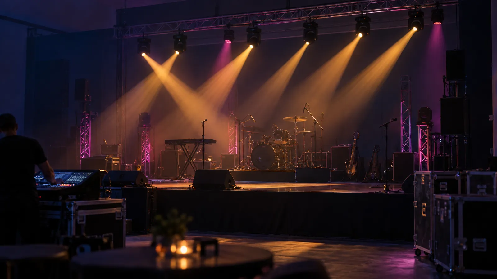 Amber and magenta stage-light beams become visible in a thin layer of atmospheric haze.