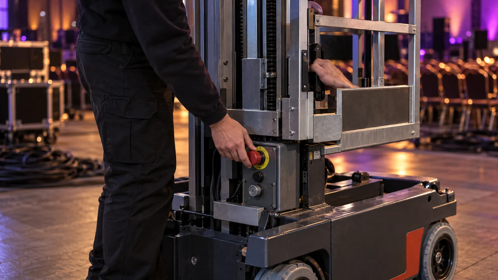 A technician checks a lowered powered lift’s controls and safety-gate latch before event setup.
