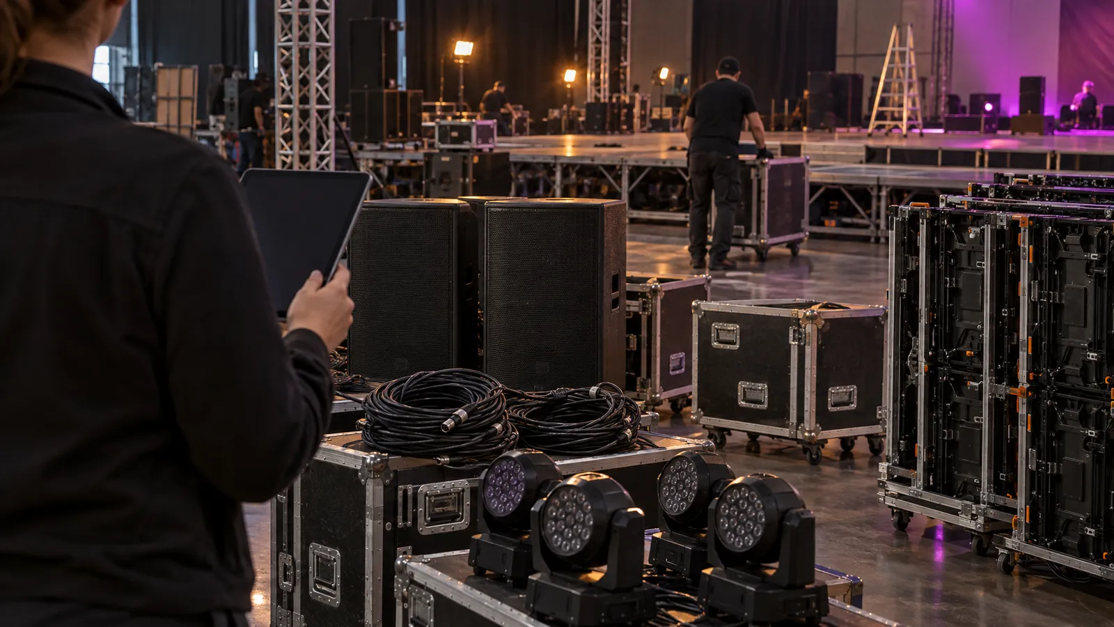 A planner reviews rental equipment as a technician moves a transport case during event load-in.