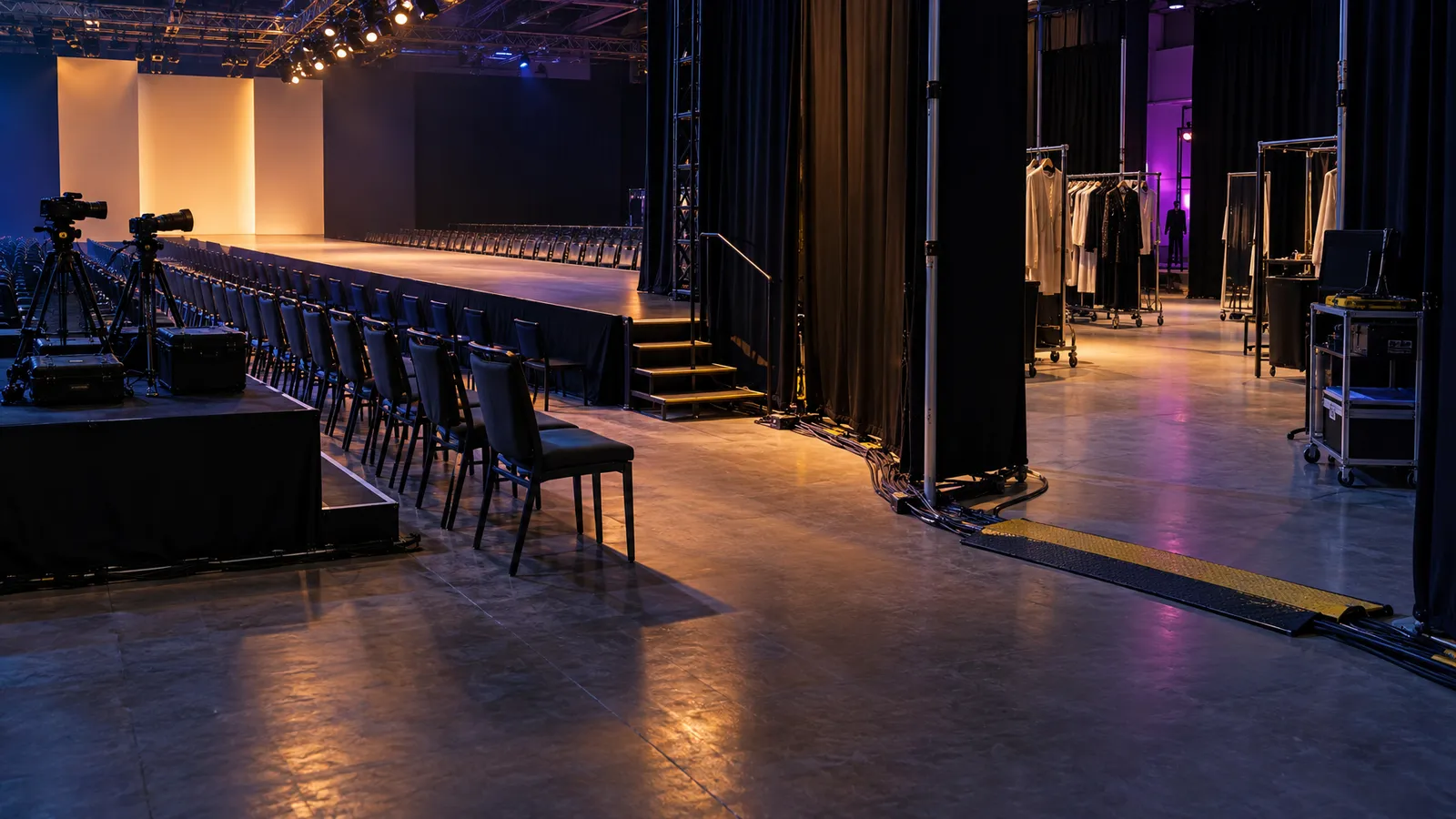 Runway seating and a raised photo pit sit beside a pipe-and-drape backstage area with a clear lineup lane and cable ramp.