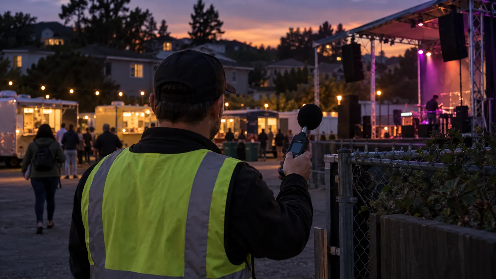 A technician checks sound levels at the residential-facing perimeter of an outdoor food truck festival at dusk.