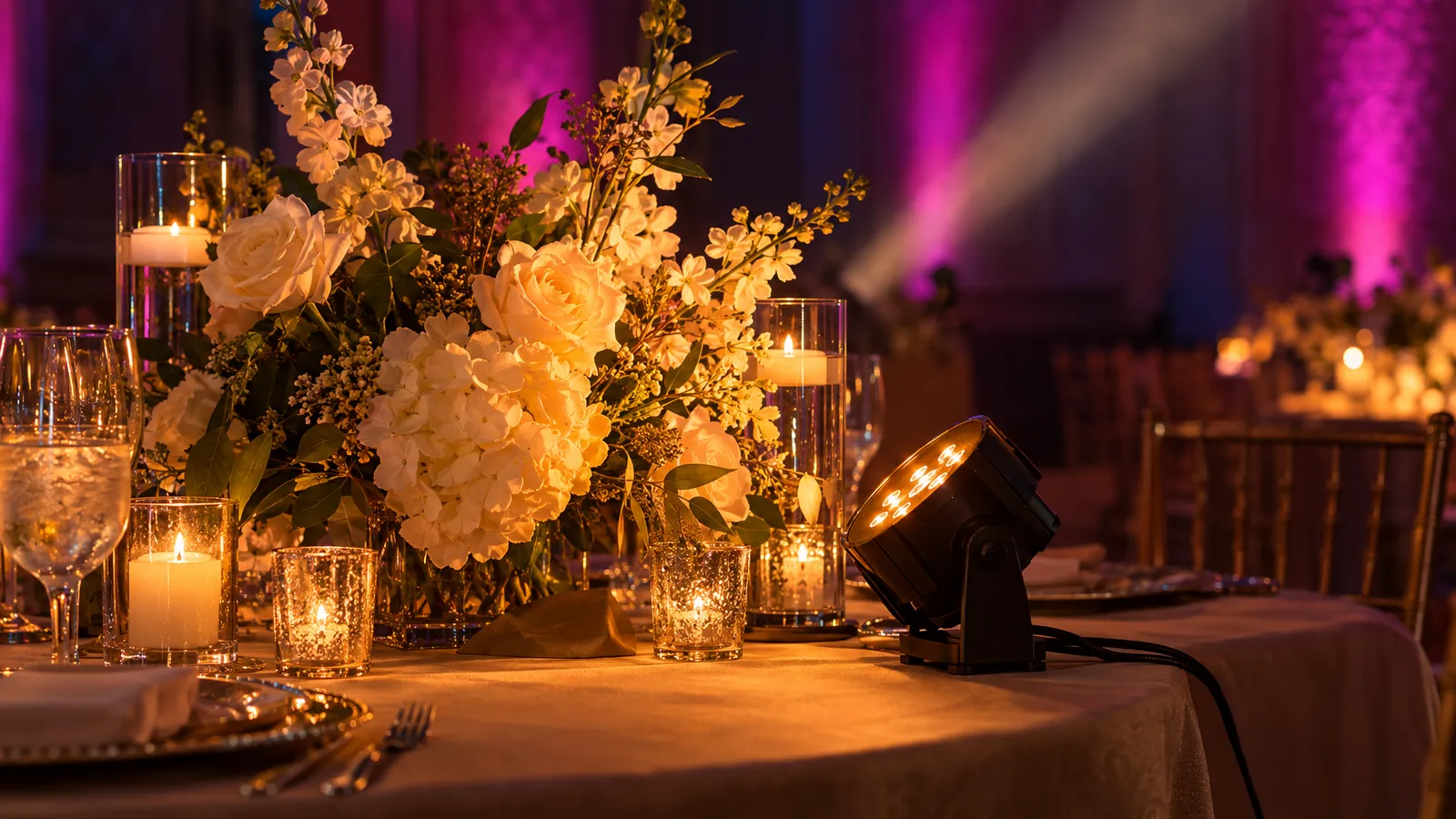 Warm-lit flowers, magenta wall uplighting and a faint beam through subtle haze create gala ambiance.