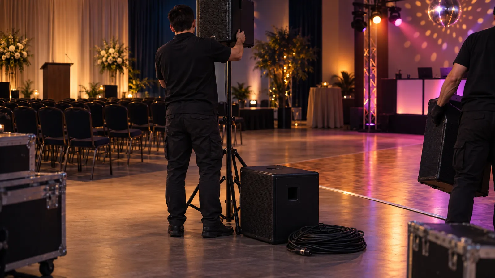 Crew members reposition PA speakers between a graduation ceremony seating area and an adjacent dance floor.