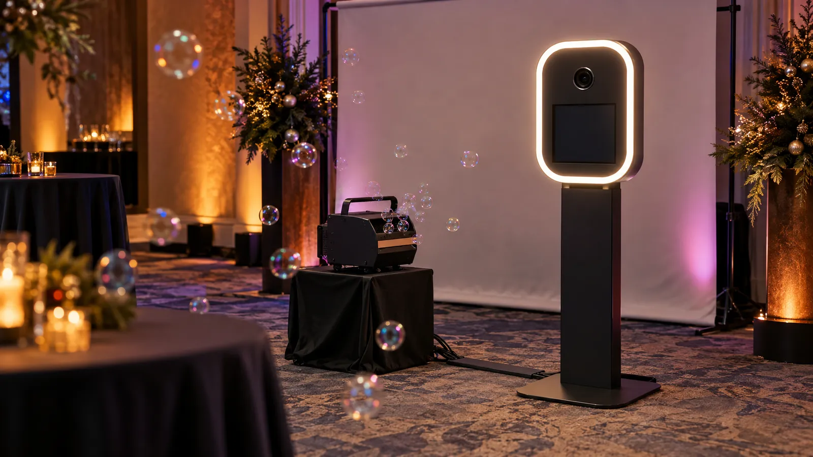 A bubble machine beside a photo booth sends bubbles across a holiday event setup lit in amber and magenta.