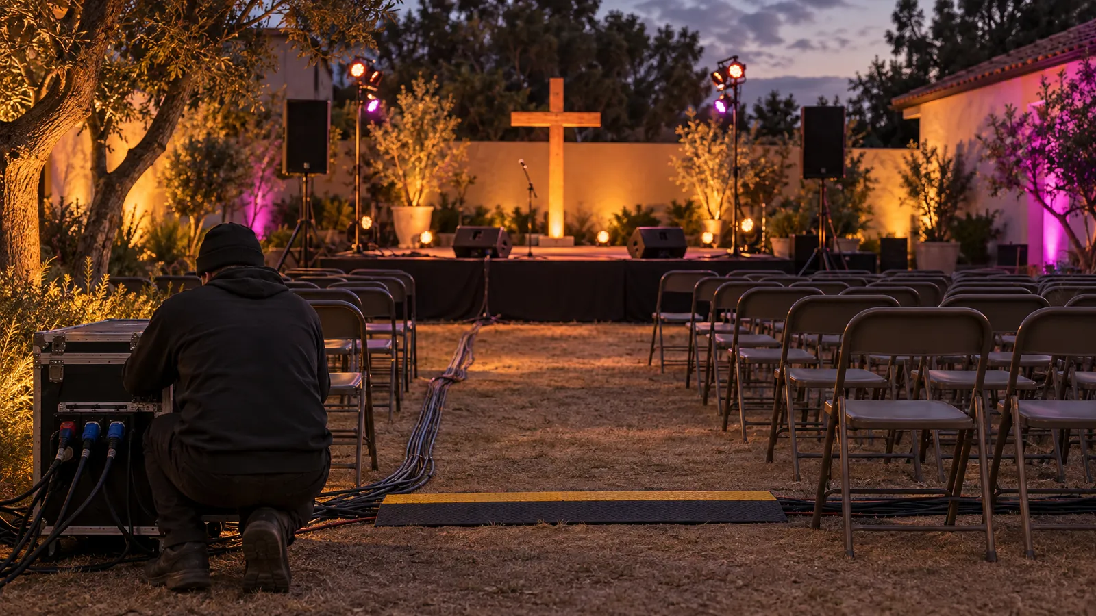 An outdoor worship stage with rental sound and lighting equipment and protected power cables before a special service.