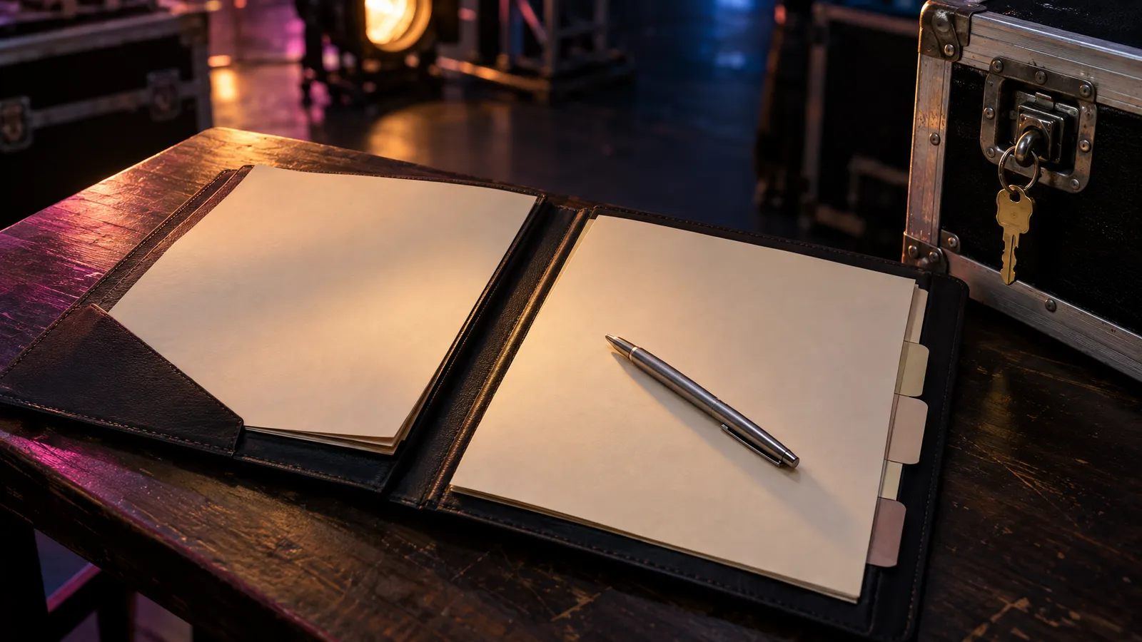 A blank contract folder and pen sit on a dimly lit venue table beside an equipment-case latch.