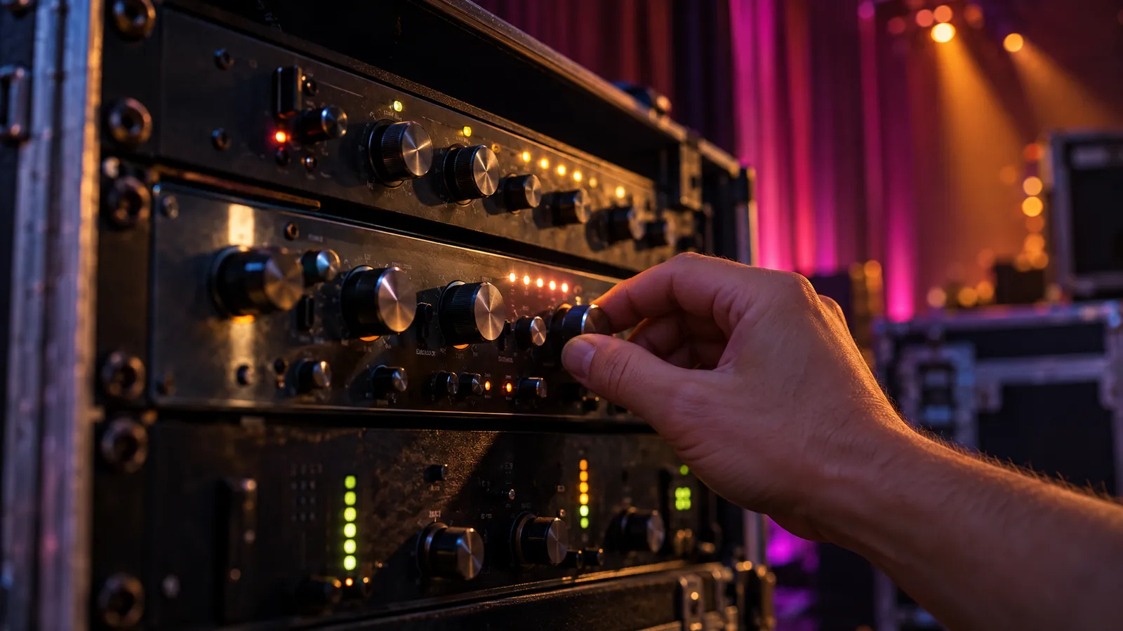 A technician’s hand adjusts an EQ knob on a rack-mounted audio processor at a live-event venue.