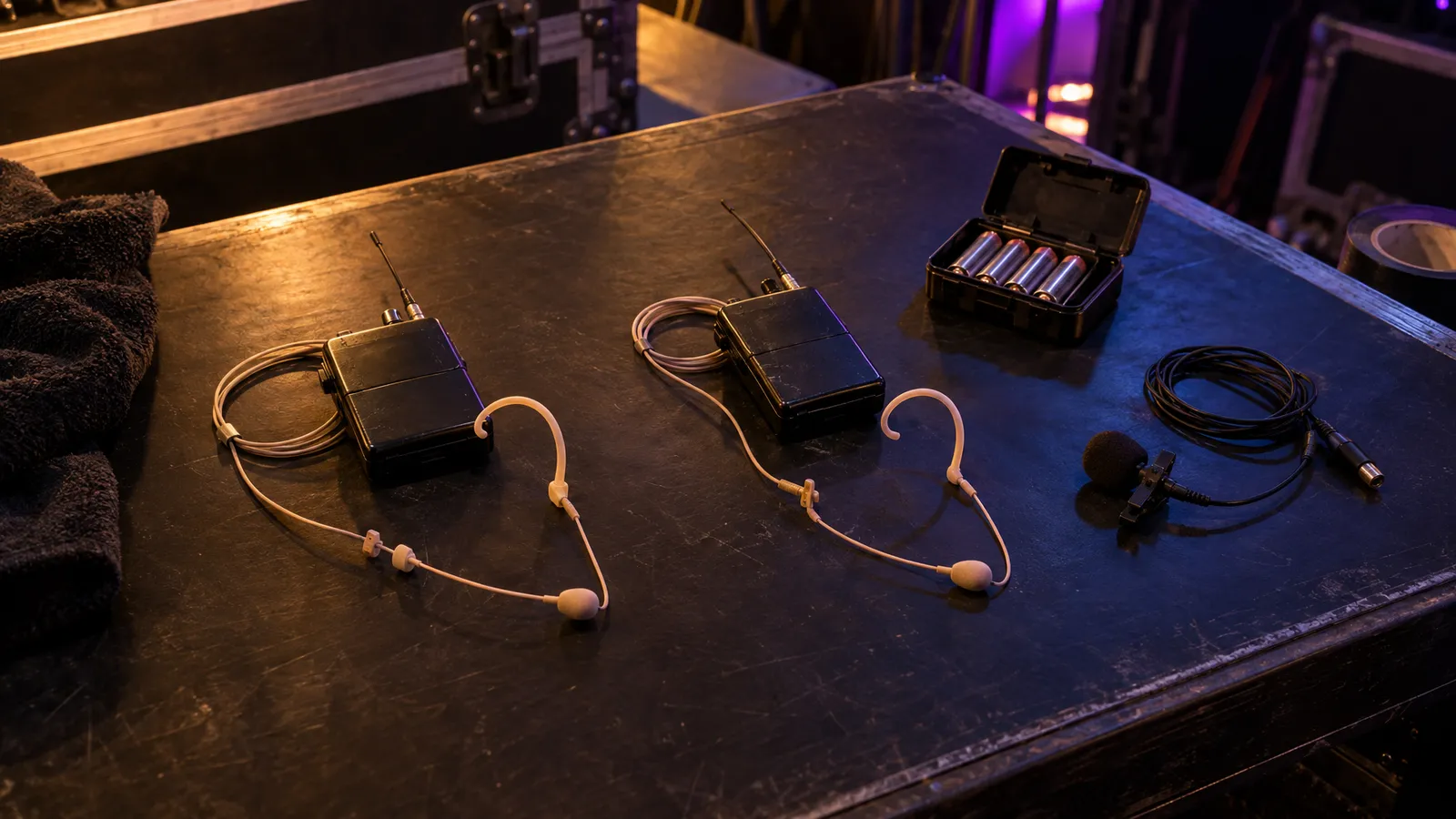 Wireless earset microphones, bodypack transmitters and spare batteries arranged on a backstage preparation table.