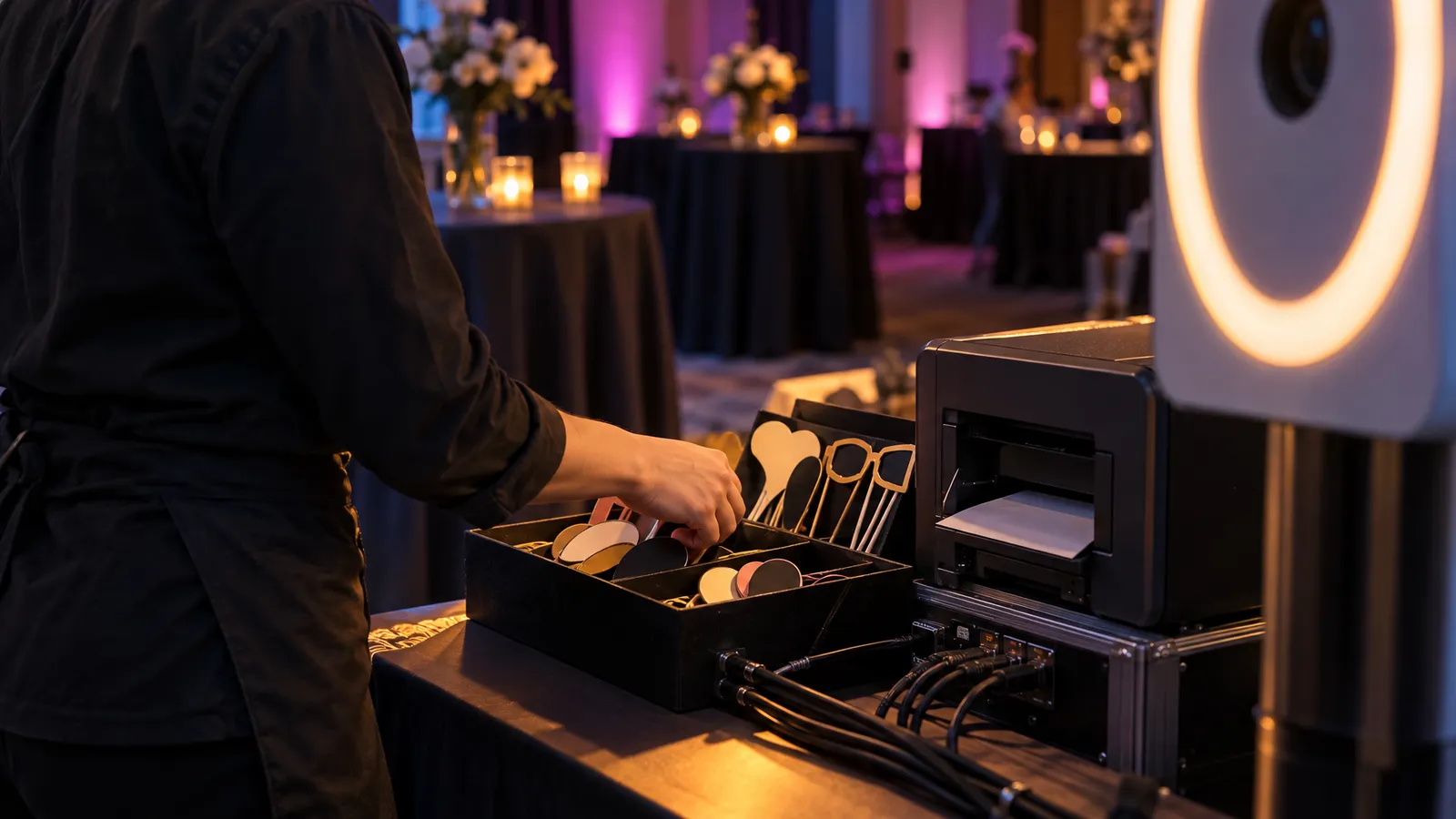 An attendant arranges photo booth props beside a printer at a corporate event station.