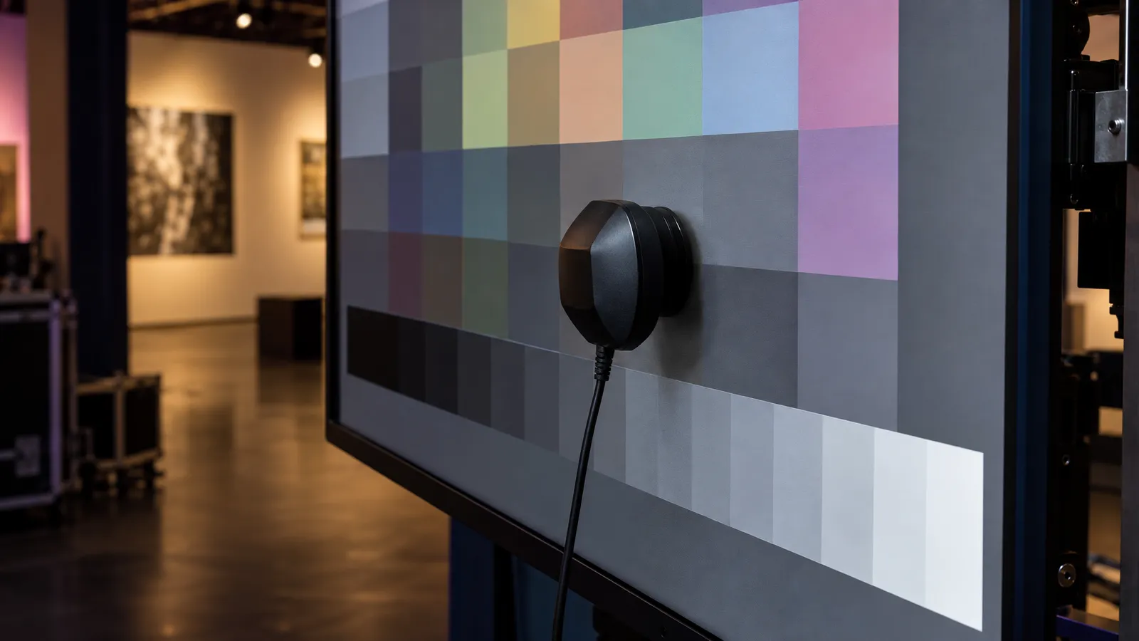 A calibration probe rests against a gallery display showing color patches and a grayscale ramp.
