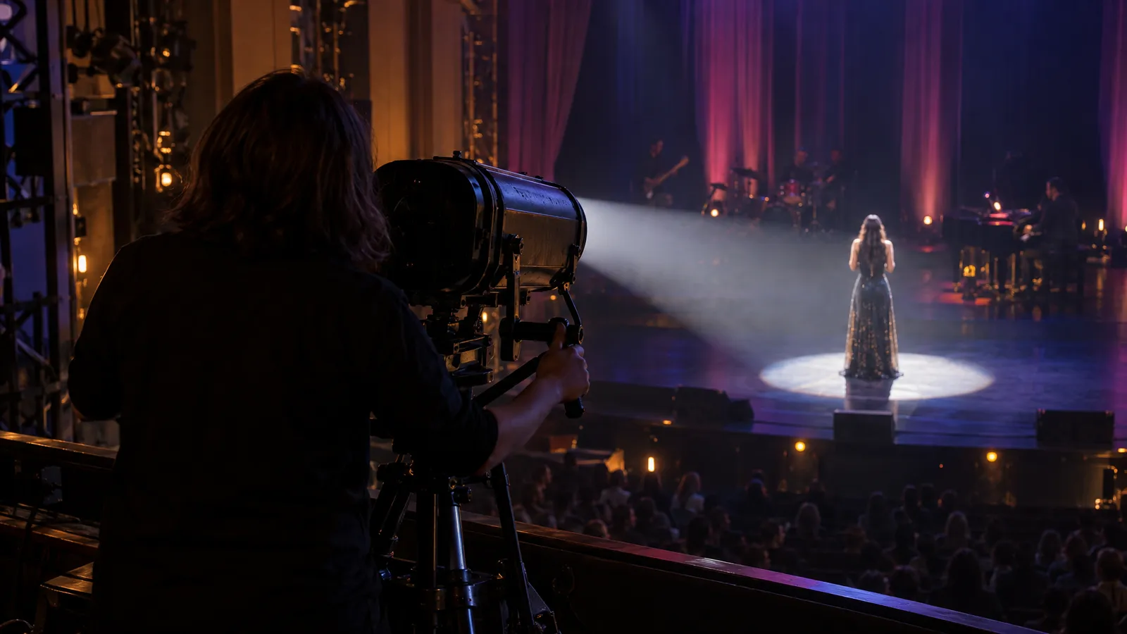 An operator manually aims a followspot at a singer standing in a tight pool of stage light.