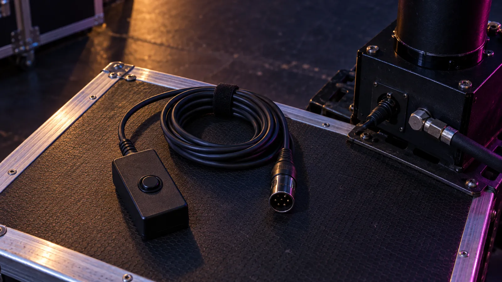 Close-up of a wired manual trigger and five-pin DMX connector beside a CO2 jet housing.